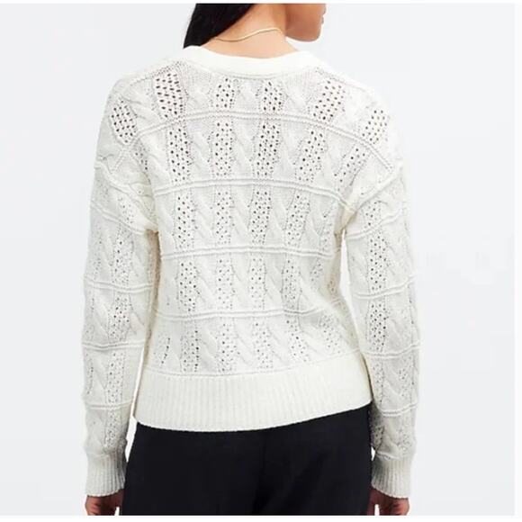 Madewell Open Stitch Cable Sweater L NWT White Cardigan Coastal V Neck NO983 - Picture 2 of 5